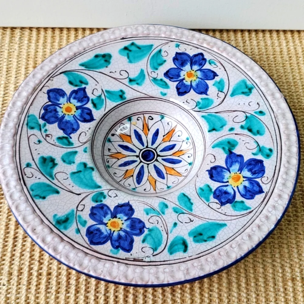 Floral Italian Handpainted Serving Plate Blue and Green Glazed Ceramic
